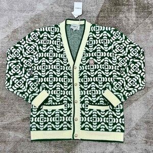 Casablanca Green & Cream Geometric V-Neck Cardigan Sweater